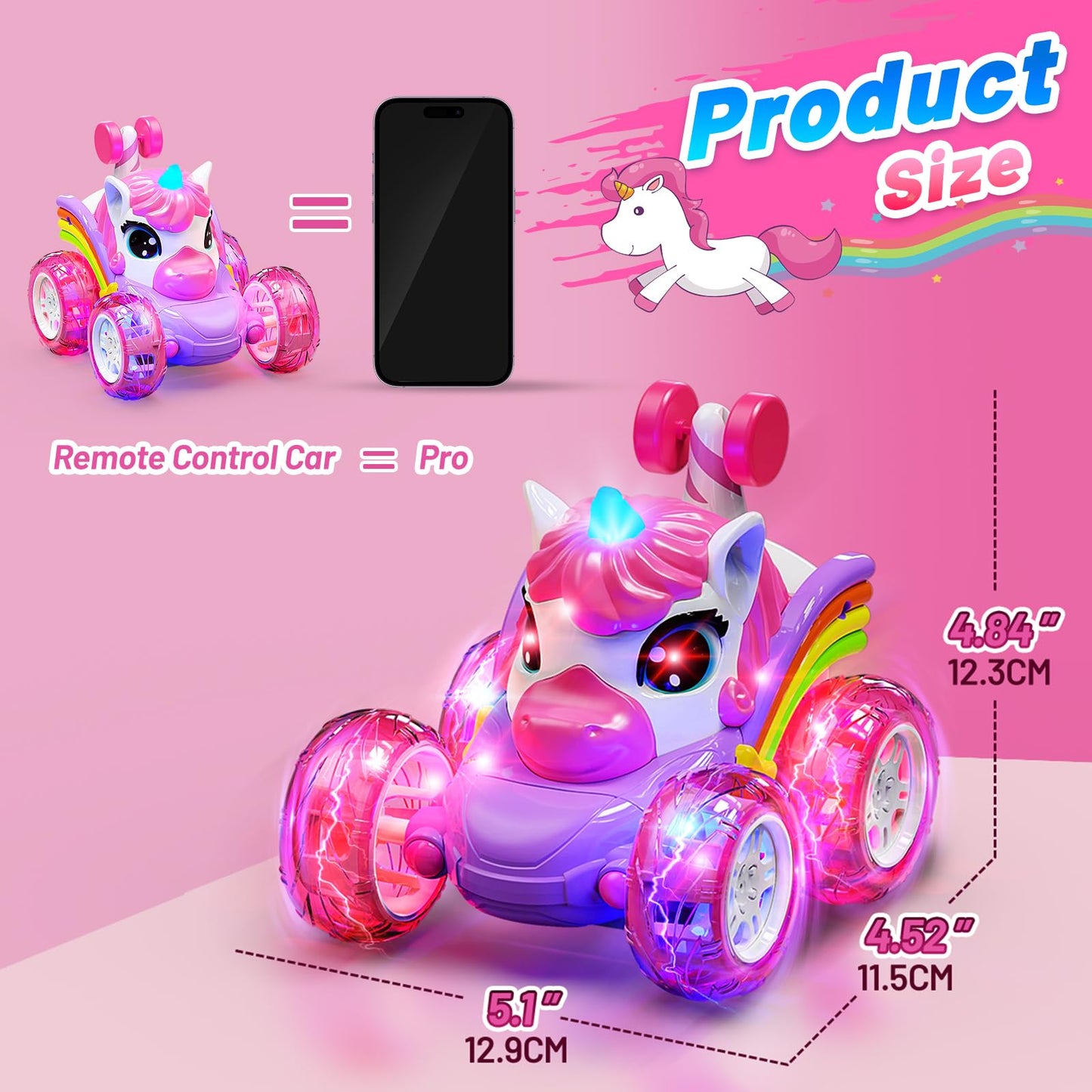 Carsky Unicorn Remote Control Car for Girls,Rechargeable 360°Stunt RC Cars Rotation 4WD Remote Cars with LED Lights,Fun Indoor Outdoor Toys for Kids,Chritmas Birthday Gift for 3 4 5 6 Year Old Girl
