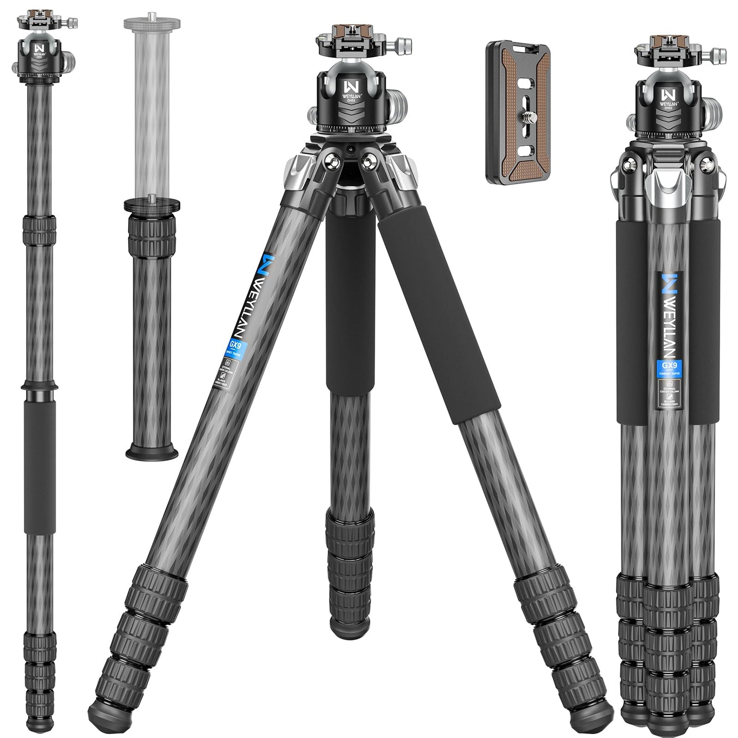 85'' Tripod Carbon Fiber, Heavy Duty Tripod for Camera, Professional Camera Tripods Monopod with 52mm Ballhead, External Center Column Compact, WEYLLAN GX9 Max Tube 40mm for Dslr Camera Telephoto Lens