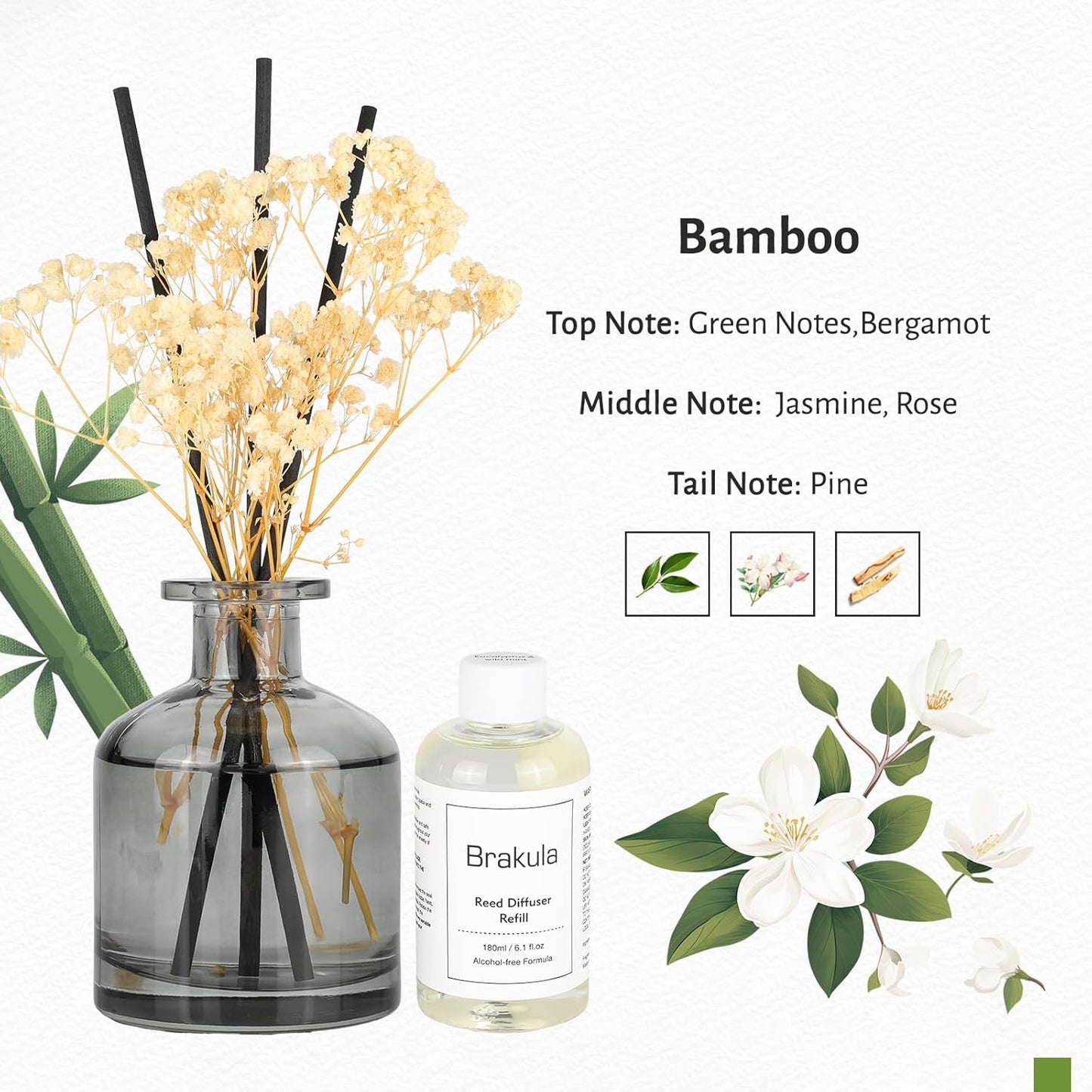 Brakula Reed Diffuser Set, 6.09 fl oz (180 ml)- Bamboo with 8 Reed Sticks, Home Fragrance Reed Diffuser for Bathroom Shelf Decor