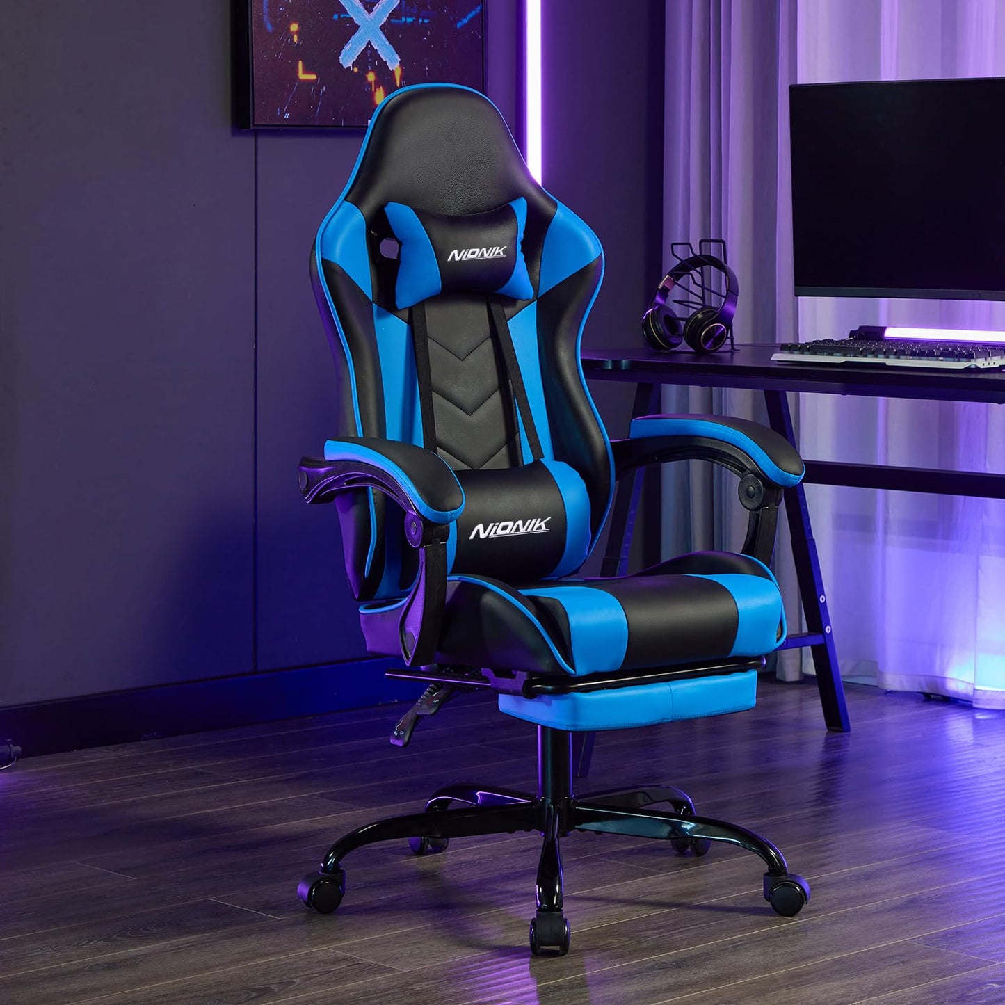 Gaming Chair with Footrest, Ergonomic Computer Chair with Headrest and Lumbar Support, PU Breathable Material Height Adjustable Video Game Chairs for Adults, BlackBlue