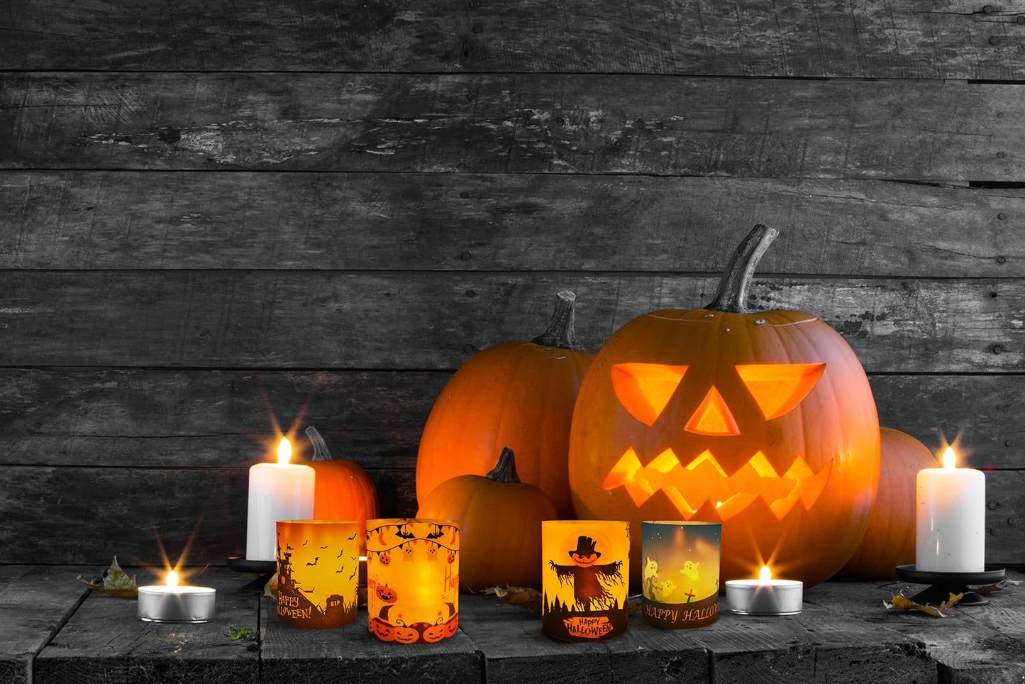 Happy Halloween Table Decor, 8 Sets Halloween Table Centerpiece Decorations, Tea Lights Votive Candles Holders for Tabletop, Candle Sleeve Shade Cover for Home, Room, Indoor, Office Use