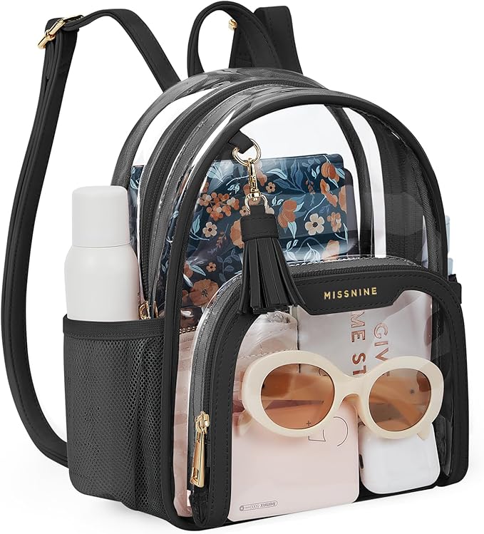 Missnine Small Clear Backpack Stadium Approved, Thick PVC Mini Clear Bag with Leather Trim for Sports Event, Concert, Fest...