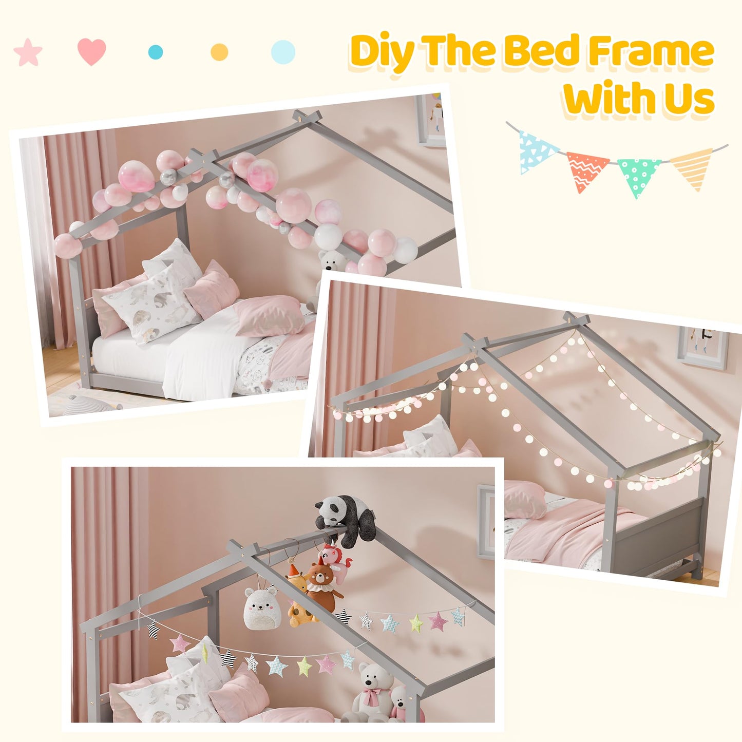 Redpick Twin House Bed, Montessori Floor Bed with Headboard & Footboard, Solid Wood Bed Frame for Toddlers Teens Bedroom, No Box Spring Needed, Grey