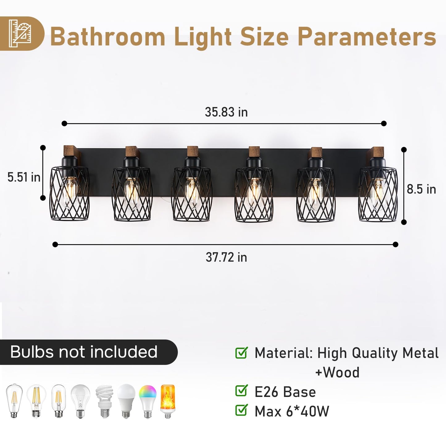 6-Light Farmhouse Vanity Light Fixtures Over Mirror, Black with Cage Metal Shade, Vintage Rustic for Bathroom, Hallway