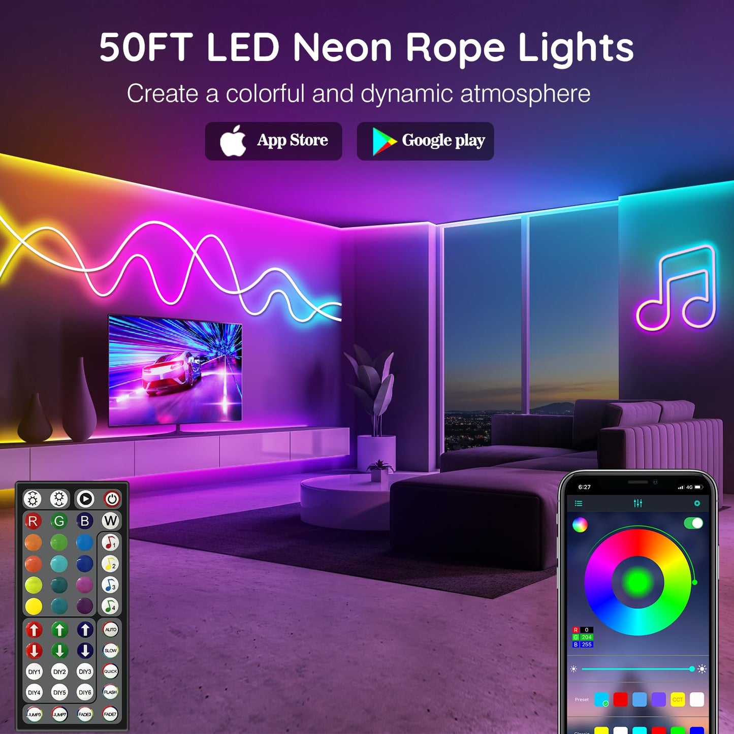 50Ft Neon Rope Lights,Flexible Led Rope Lights Control with App/Remote,Multiple Modes Rope Lights,IP65 Outdoor RGB Led Neon Lights Waterproof,Music Sync Gaming Led Neon Light Strip for Bedroom Decor