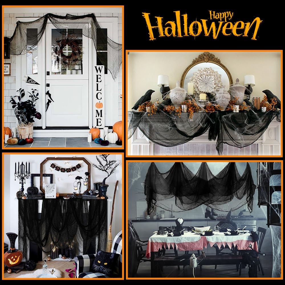 Vellibring 400" x 85" Halloween Creepy Cloth Decoration, Large Black Spooky Fabric Cloth Scary Gauze Cheesecloth for Haunted House Halloween Party Yard Wall Indoor Outdoor Decor