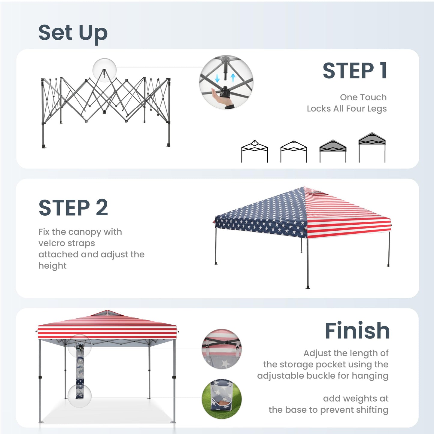 PHI VILLA 10’x10’ Pop Up Canopy Tent - One Push Setup, Instant Shade Tent with Vented Roof for Beach & Events - Includes Storage Bag, Sandbags, Stakes & Ropes (American Flag)