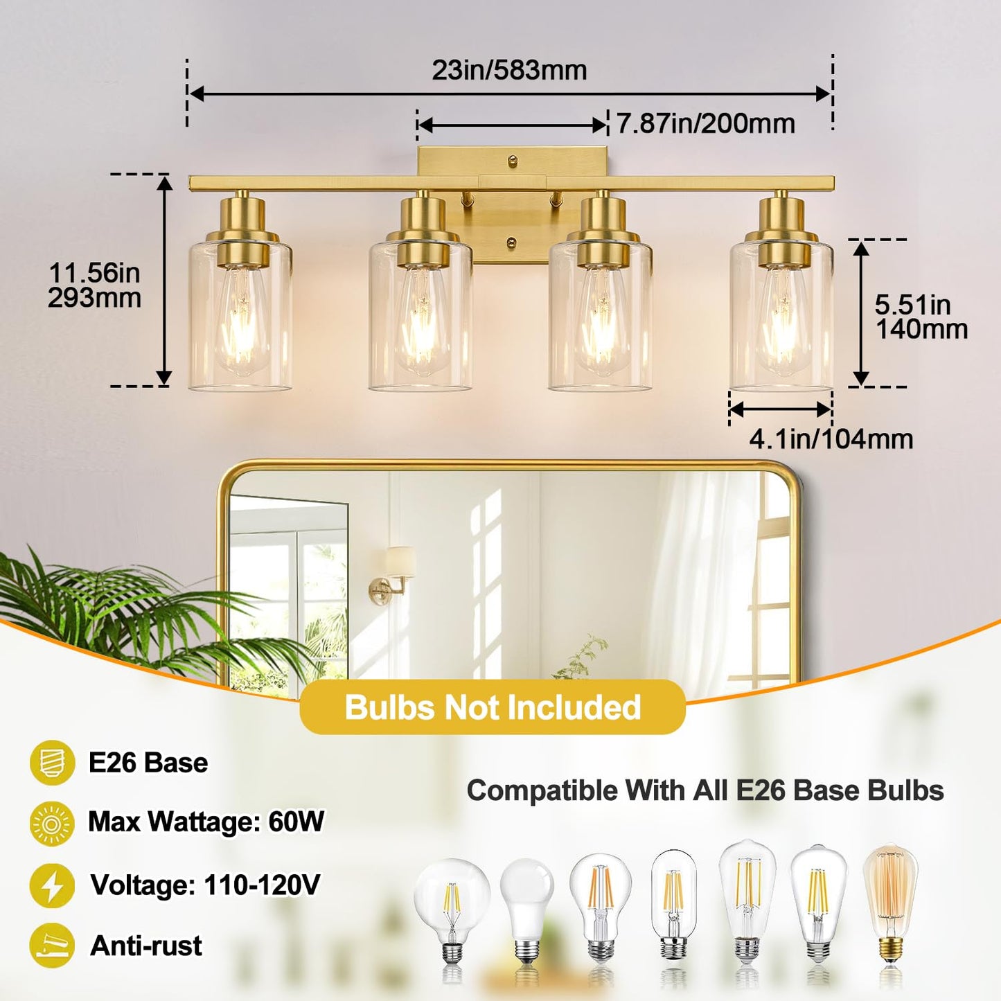 Indoi 4-Light Vanity Lights with Clear Glass Shades, Brushed Gold Bathroom Light Fixtures Over Mirror, Modern Bathroom Wall Lamp for Mirror Living Room Cabinet Bedroom Porch
