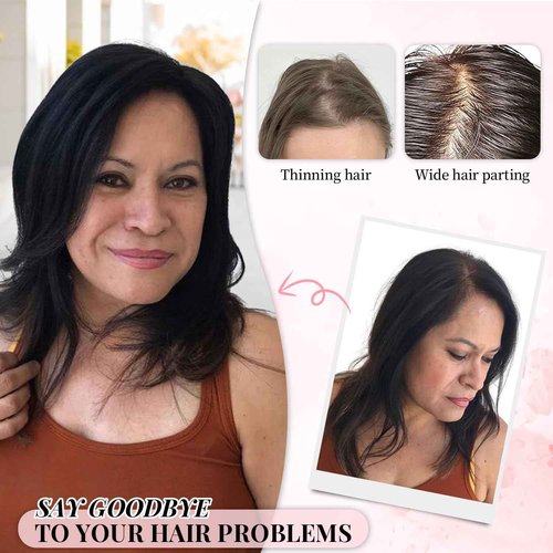 Fine Plus 10Inch Hair Toppers for Women Real Human Hair – Mono Base 3"x5", Natural Black Virgin Quality, for Thinning Crown & Wide Parting, Lightweight & Breathable, Add Volume Can Be Curled