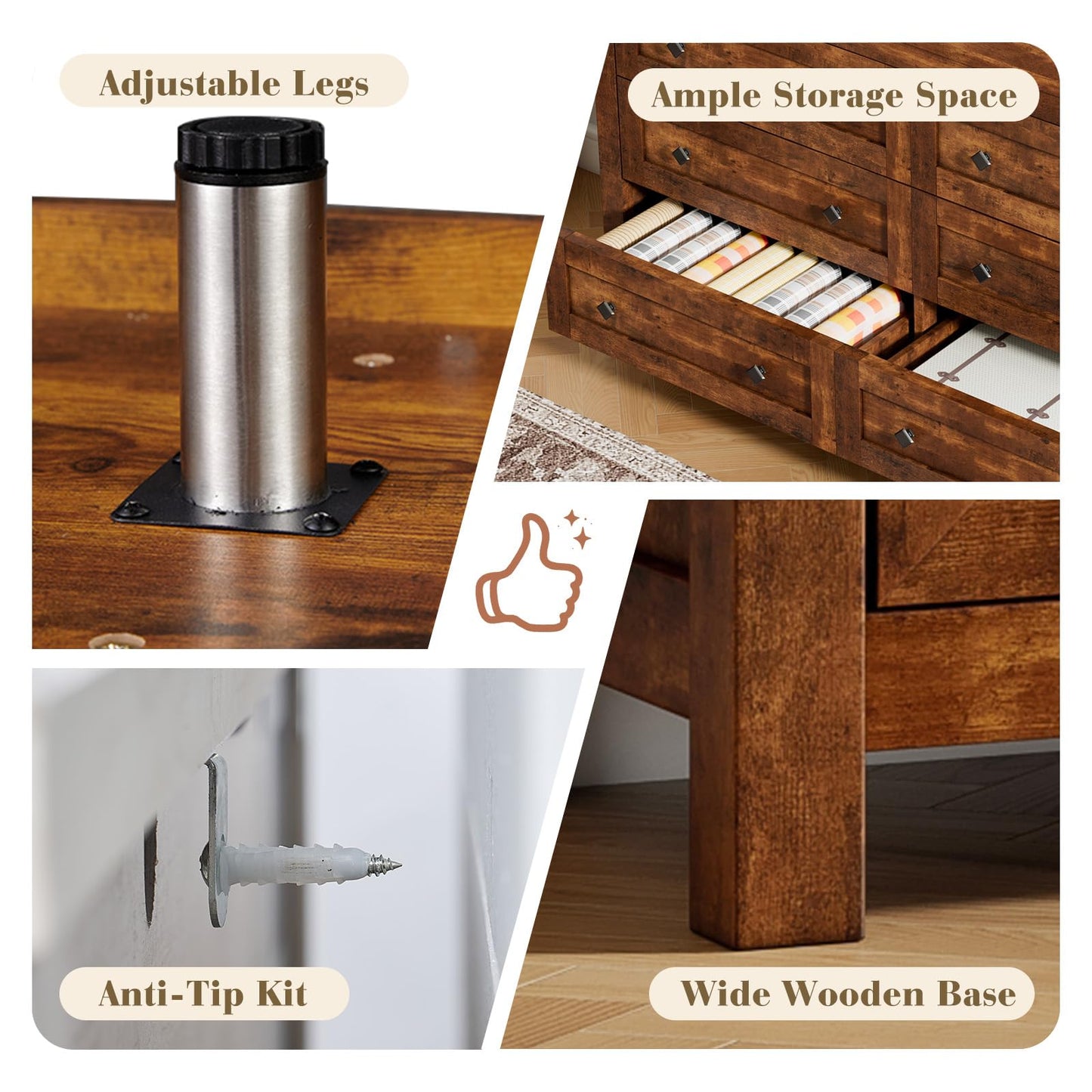 LUXOAK Bedroom Dresser and Nightstand 3 Piece Set, 1 X Wood Rustic 6 Drawer Storage Dresser, Nightstand Set of 2 with Charging Station, Farmhouse Bedroom Furniture Set, Rustic Brown
