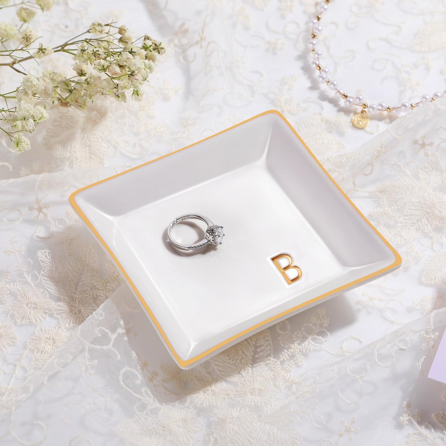 PUDDING CABIN Initial Ring Holder Jewelry Tray, Personalized B-Monogrammed Engagement Wedding Gifts for Bridesmaid, Bride, Birth