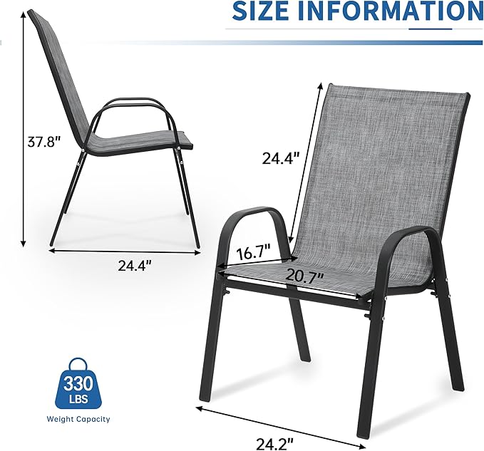 PIZZELLO Patio Chairs Set of 6 - Outdoor Stackable Dining Chairs for All Weather - Breathable Textilene Outdoor Chair Sets with Curved Armrests - 300Lbs Capacity - for Lawn Backyard Garden (Grey)