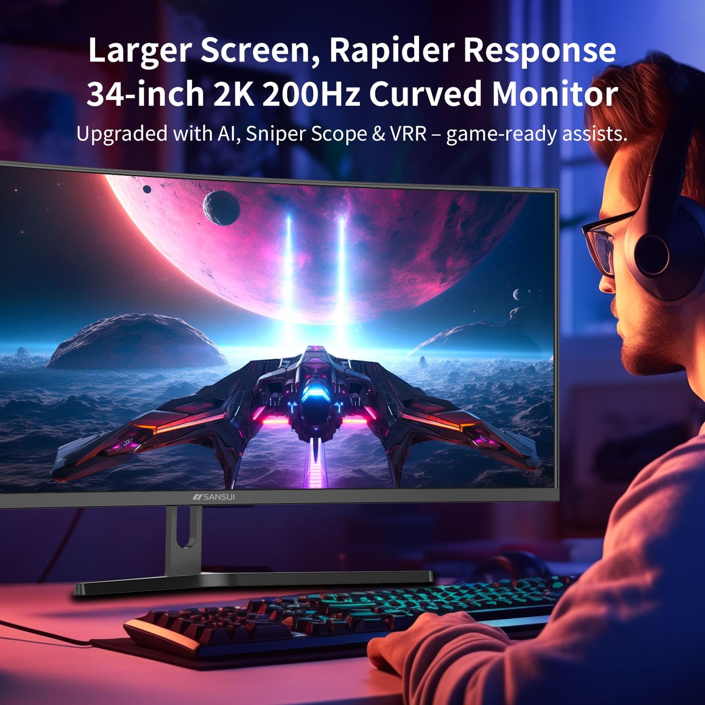 SANSUI 34-Inch Curved Gaming Monitor UWQHD 3440 x 1440P Up to 200Hz 165Hz Curved 1500R - PIP/PBP, OD 1ms, HDR, 300nits, sRGB 130%, DCI-P3 97%,AI Crosshair,HDMI2.1x2,DP1.4(Cable Included)