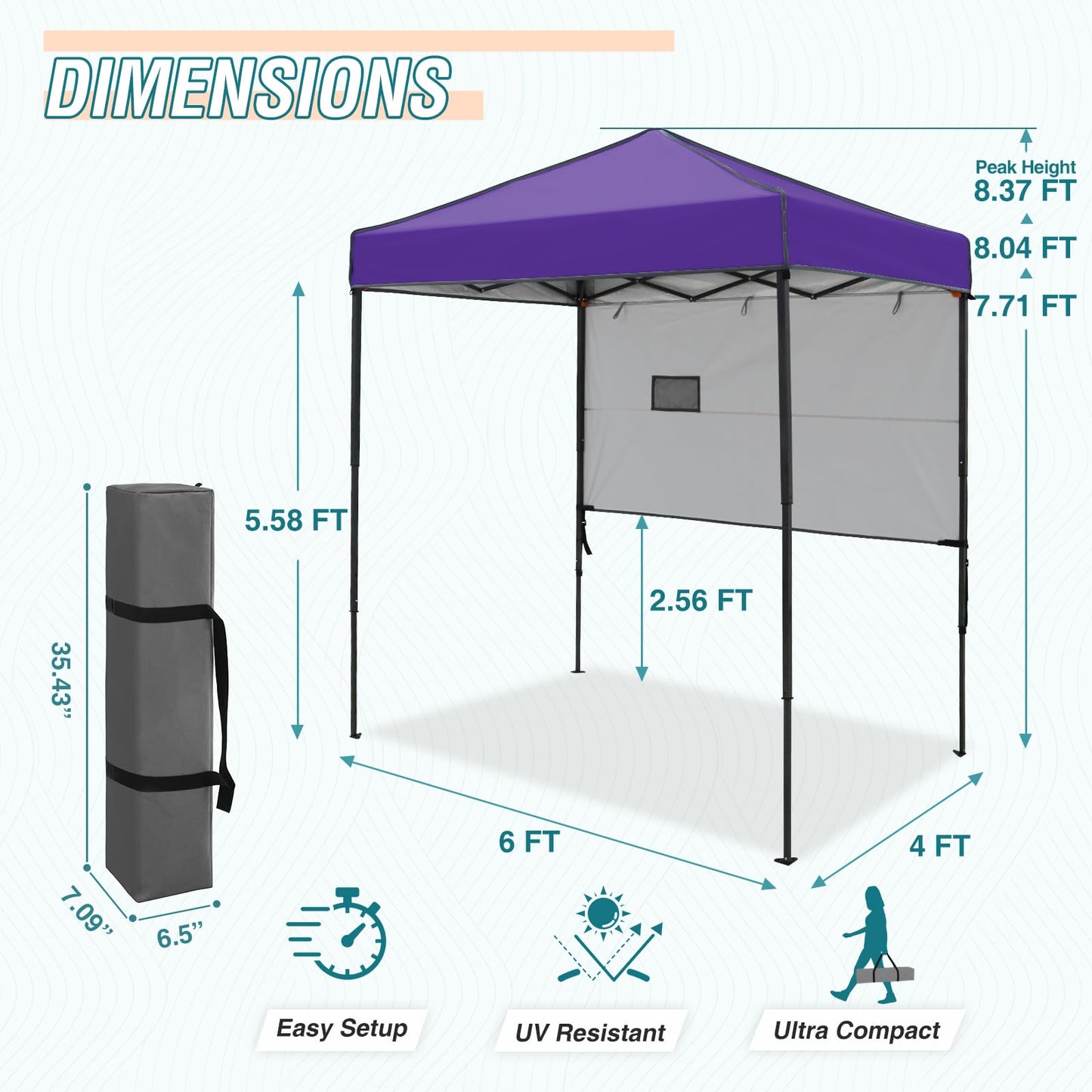 EAGLE PEAK Instant Pop Up Canopy with Adjustable Sun Wall 6x4, Straight Lightweight Compact Portable Tent with Carry Bag, Purple