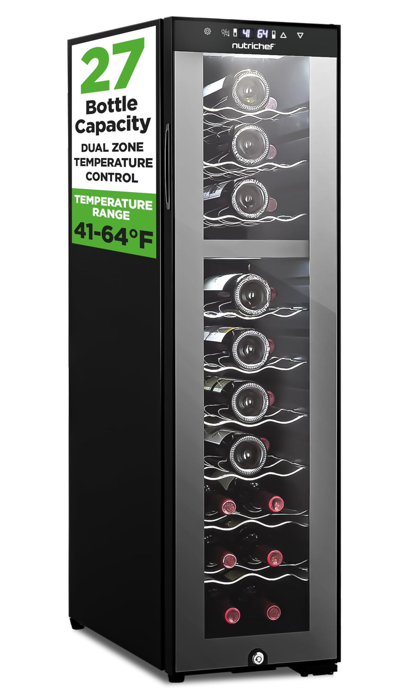 NutriChef PKCWCDS275 Dual-Zone Wine Cooler, 27-Bottle Refrigerator, Digital Touch Button Control with Air Tight Seal, Adjustable Temp 41-64F, Freestanding Cooler, Black