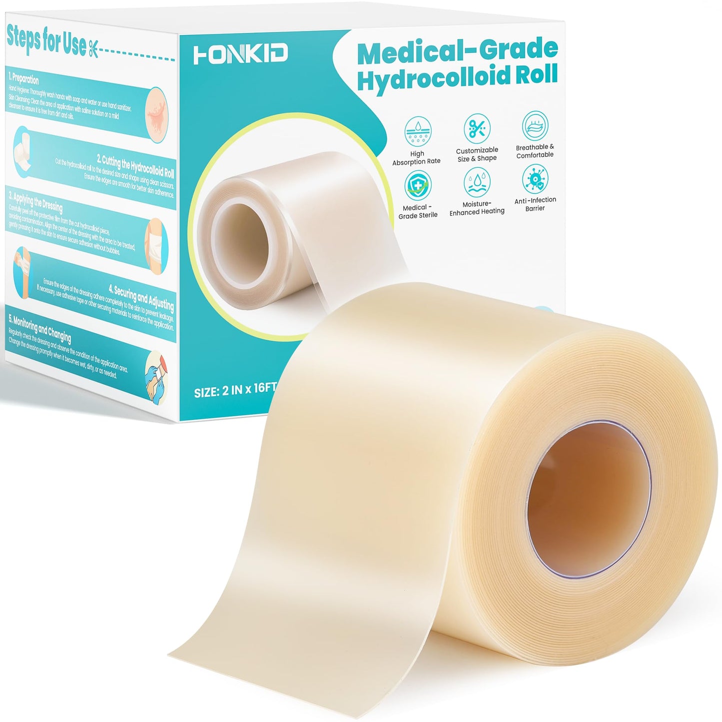HONKID Hydrocolloid Roll for Wound Care, 2in x 16ft Extra Large Hydrocolloid Bandages, Self-Adhesive, Cut-to-Size, Ultra Absorbent, Flexible & Waterproof, Sterile Foil Pouch, First Aid Kit Essential