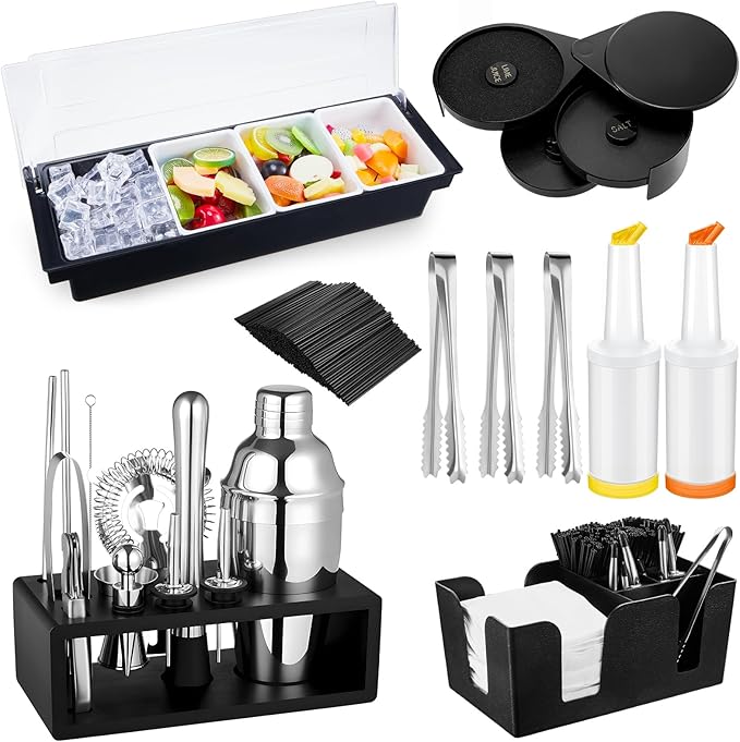 Mifoci 23 Pcs Bartender Supplies Kit Garnish Tray for Bartenders with Bar Caddy 3 Tier Salt Rimmer 13 Pcs Cocktail Shaker ...