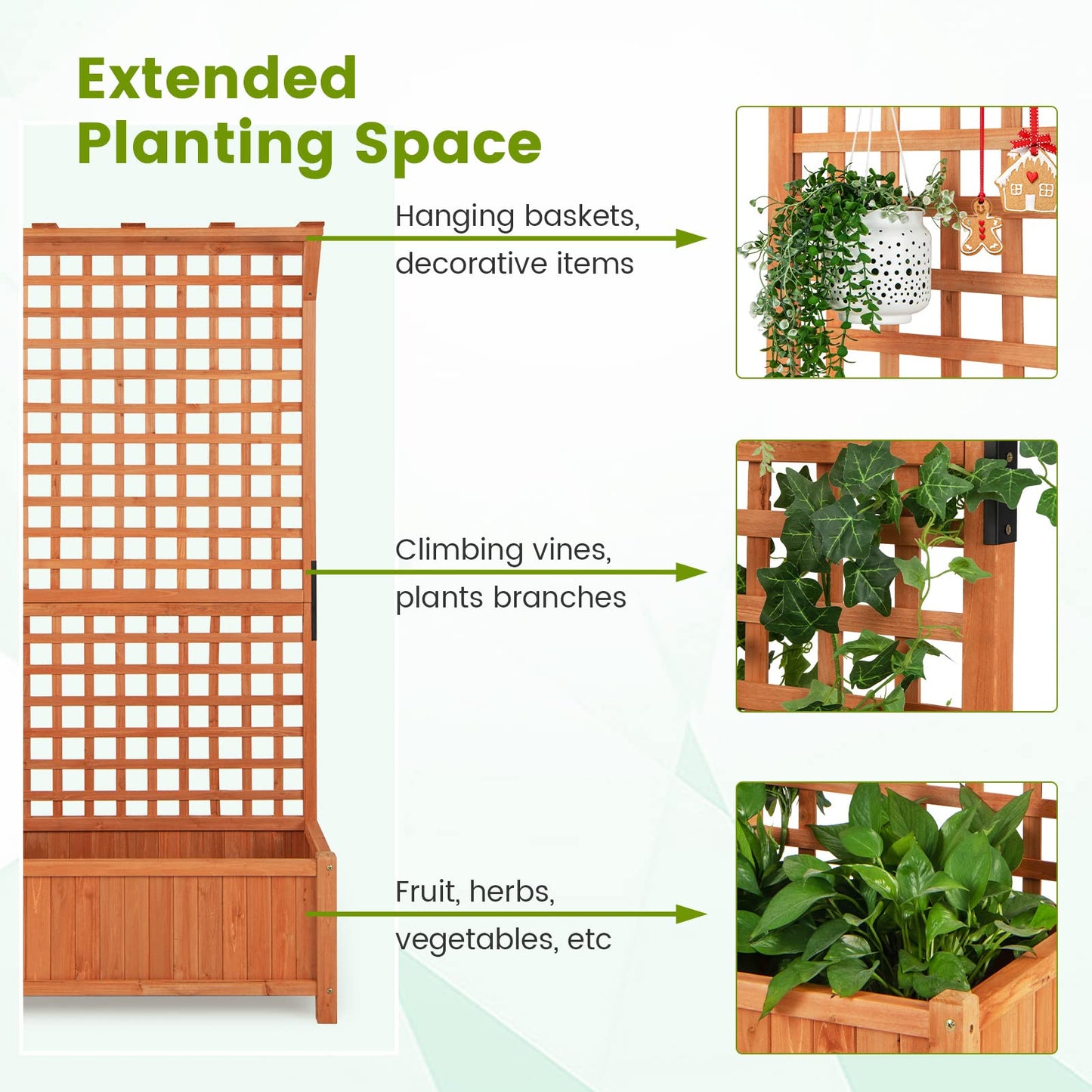 HAPPYGRILL Raised Garden Bed with Trellis, 72.5" Planter Raised Bed with Drainage Holes, Freestanding Garden Box for Vine Climbing Plants, Wooden Planter Box for Yard Balcony (2, Orange)