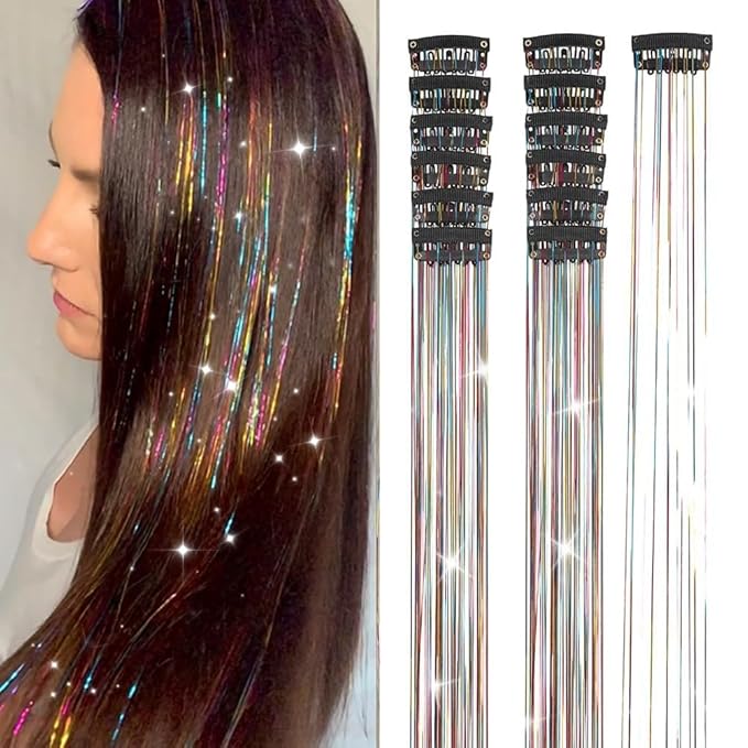 Hair Tinsel 12Pcs Clip in Rainbow Hair Accessories 20.5 Inch Fairy Hair Tinsel Kit for Women Girls Kids Glitter Extensions...