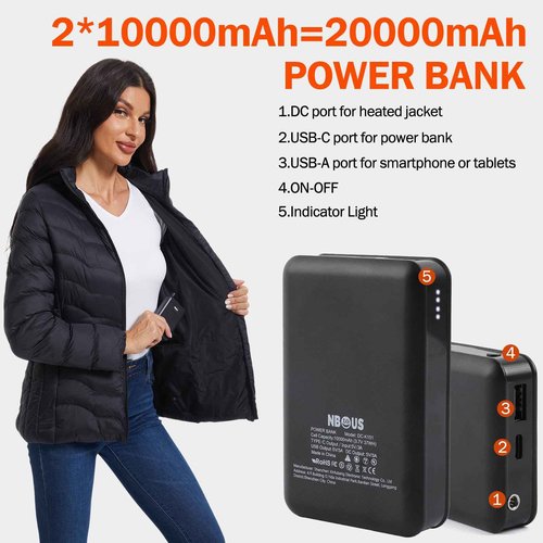 NBtoUS Womens Heated Jacket with 2PCS 10000mAh Power Bank,3 Heating Level(S)