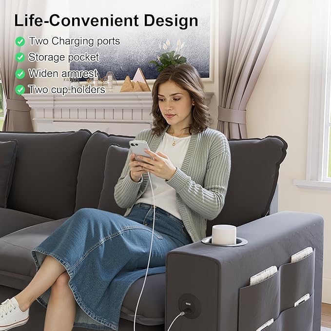 KCGKCG 152" Modular Sectional Sofa, U Shaped Cloud Couch with Movable Ottoman, Chenille Deep Seat Cloud Sofa with Charging Station, Cup Holder, Side Pocket, Sectional Couches for Living Room, Grey