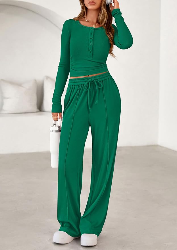 PRETTYGARDEN Women's 2026 Fall Trendy 2 Piece Outfits Lounge Sets Long Sleeve Top Henley Shirts Wide Leg Pants Travel Clothes