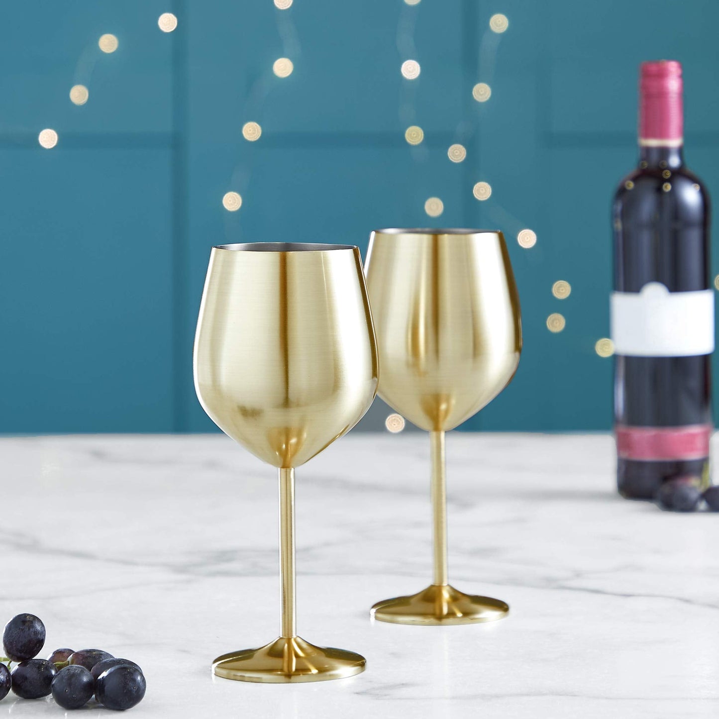 VonShef Brushed Gold Wine Glasses - Set of 2 475ml Shatterproof Wine glasses - Stemmed cocktail Glasses with Gift Box for Rosé, Red Wine & White Wine - Perfect for Parties & Gatherings