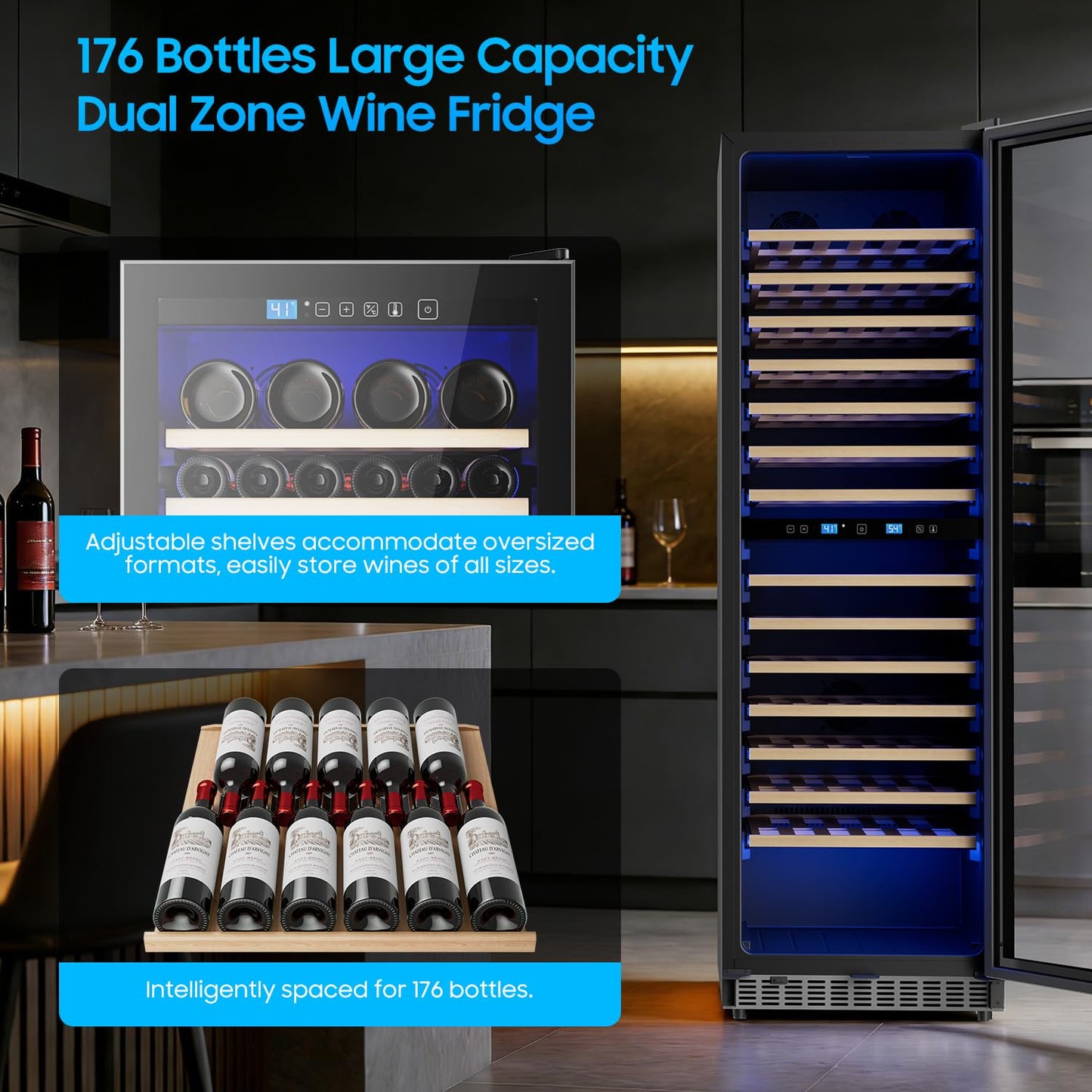 176 Bottle Dual Zone Wine Fridge 24 Inch Large Capacity, Built-in & Freestanding Wine Cooler Refrigerator, Upgraded Compressor Temperature Memory, Quiet Sliding Rail Shelves Professional Wine Cellar