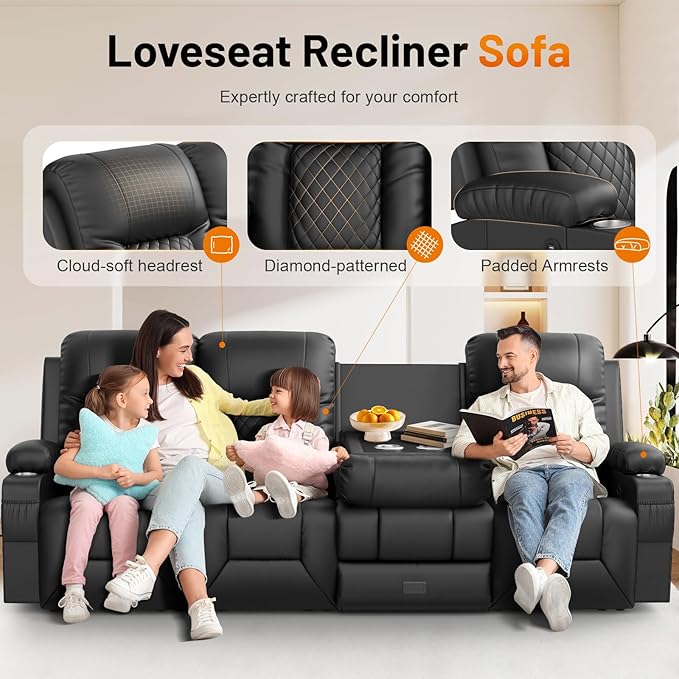 FURNIMAT Recliner Sofa, 4 Seater Dual Reclining Sofa with Flip Back Console, Modern PU Leather Recliner Couch for Living Room/RV, with Storage Drawer, USB Ports, Cup Holder, Cell Phone Holder, Black
