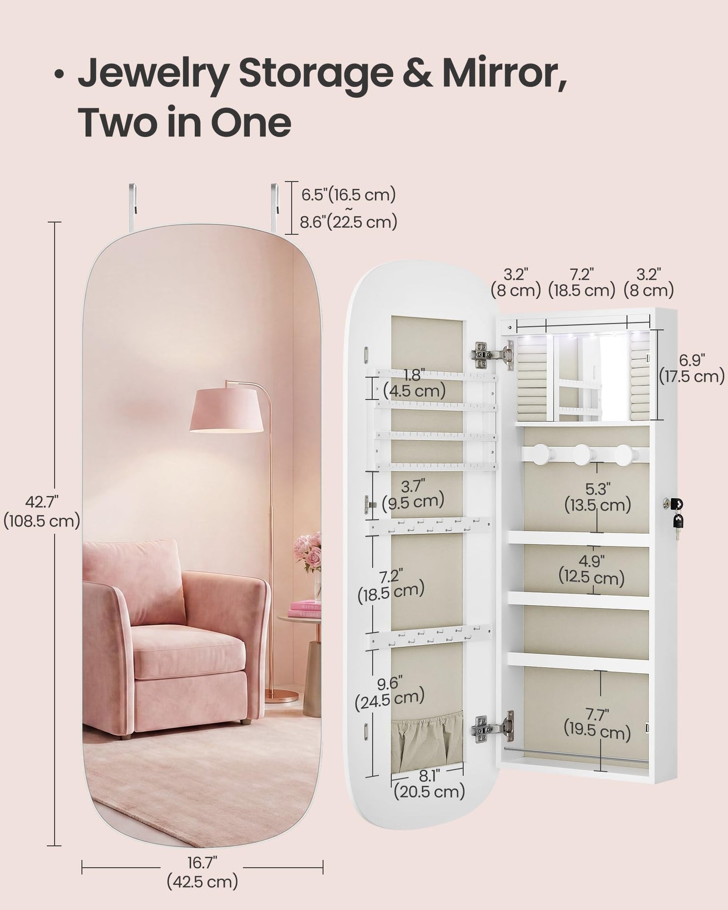 SONGMICS HOME Jewelry Armoire, Mirror Jewelry Cabinet, Full Length Mirror with Storage, Wall or Over The Door Jewelry Organizer Cabinet, Built-in LED, Lockable Armoire, White