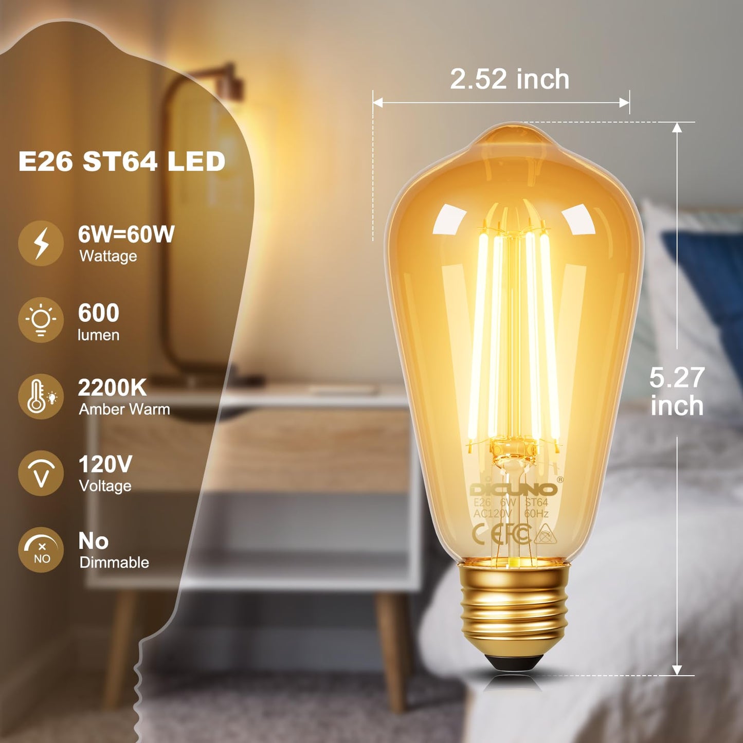 DiCUNO E26 Edison Bulbs 60W, 2200K Amber Warm, 6W LED Edison Bulb ST64, Amber Glass, Vintage LED Light for Home, 600LM, Non-Dimmable, CRI 80, Pack of 2