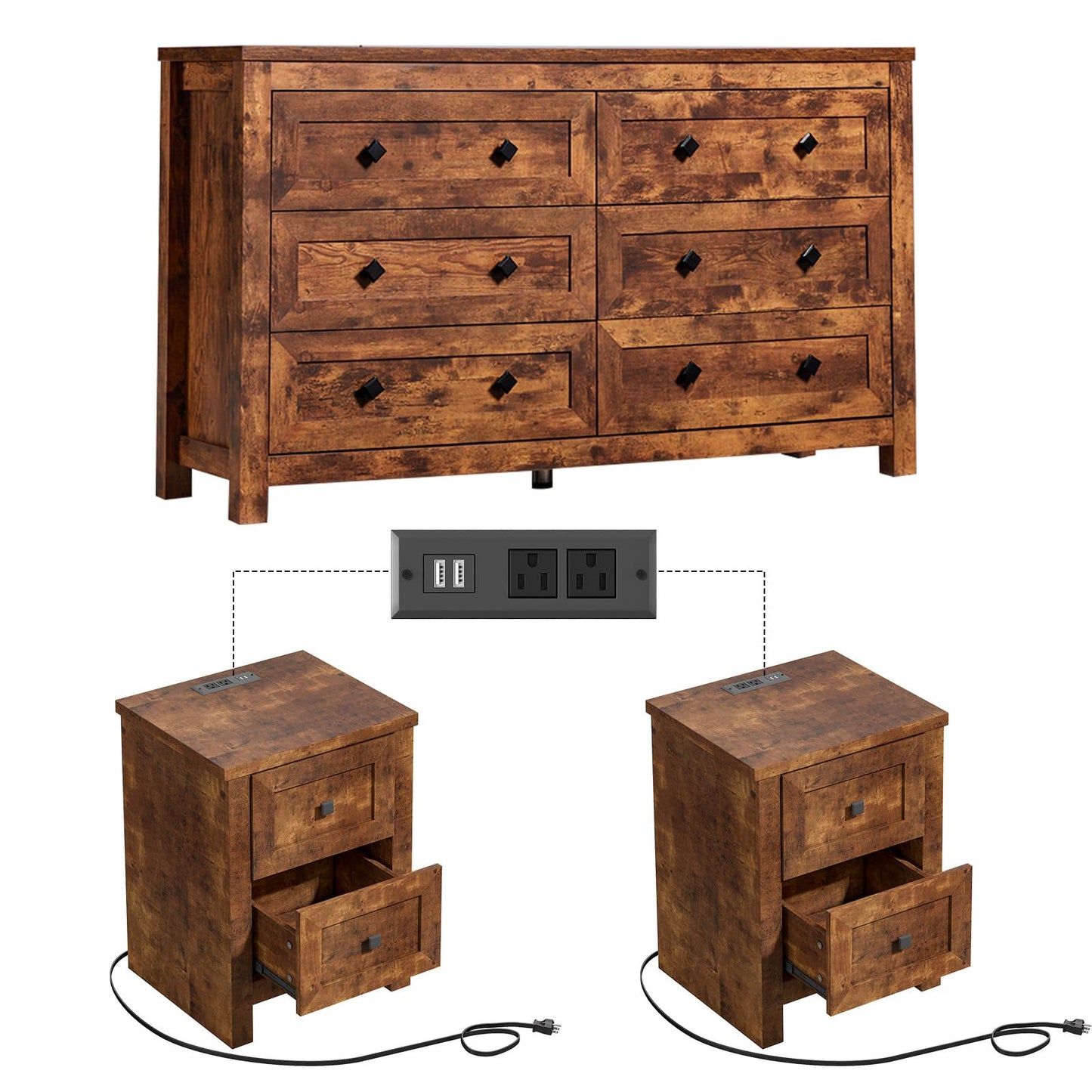LUXOAK Bedroom Dresser and Nightstand 3 Piece Set, 1 X Wood Rustic 6 Drawer Storage Dresser, Nightstand Set of 2 with Charging Station, Farmhouse Bedroom Furniture Set, Rustic Brown