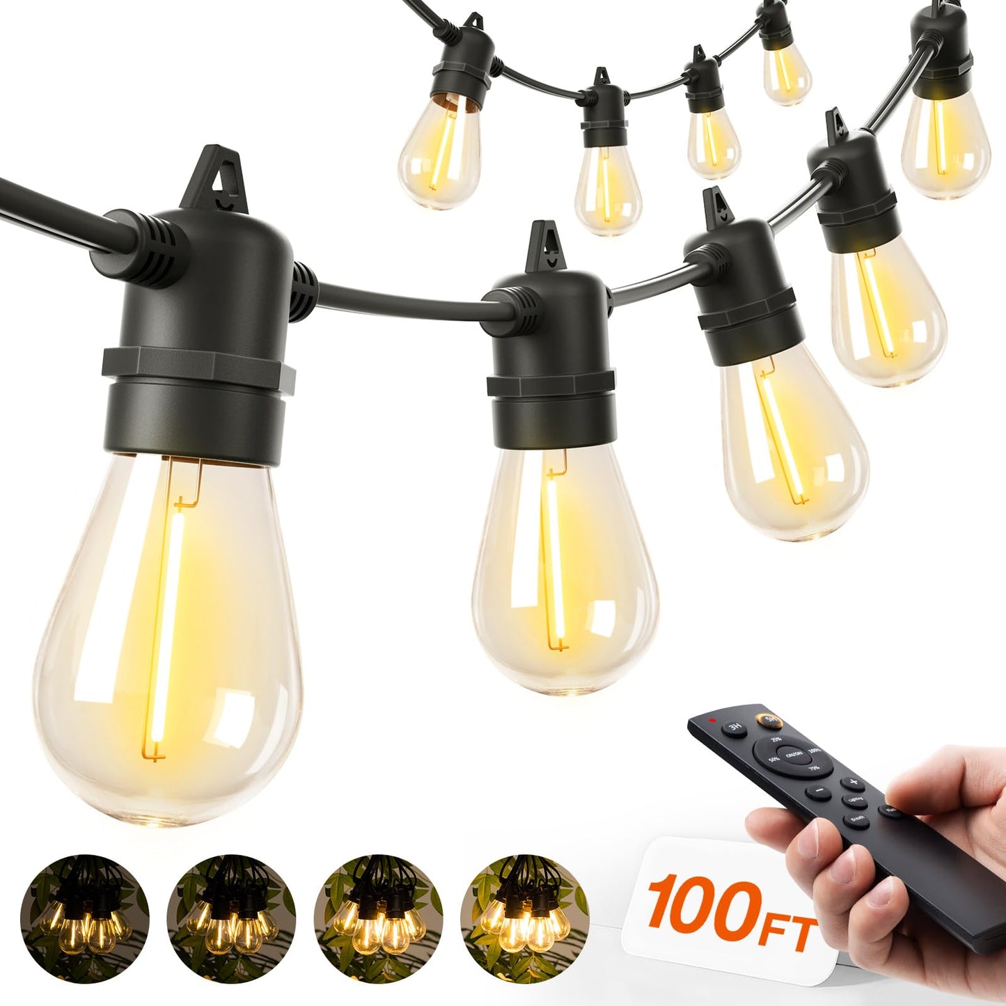 addlon 100FT LED Outdoor String Lights, Remote Dimmable Patio Lights with Timer & 3 Lighting Modes, 32 Shatterproof Edison Bulbs, Waterproof Connectable String Lights for Outside Backyard Porch Party