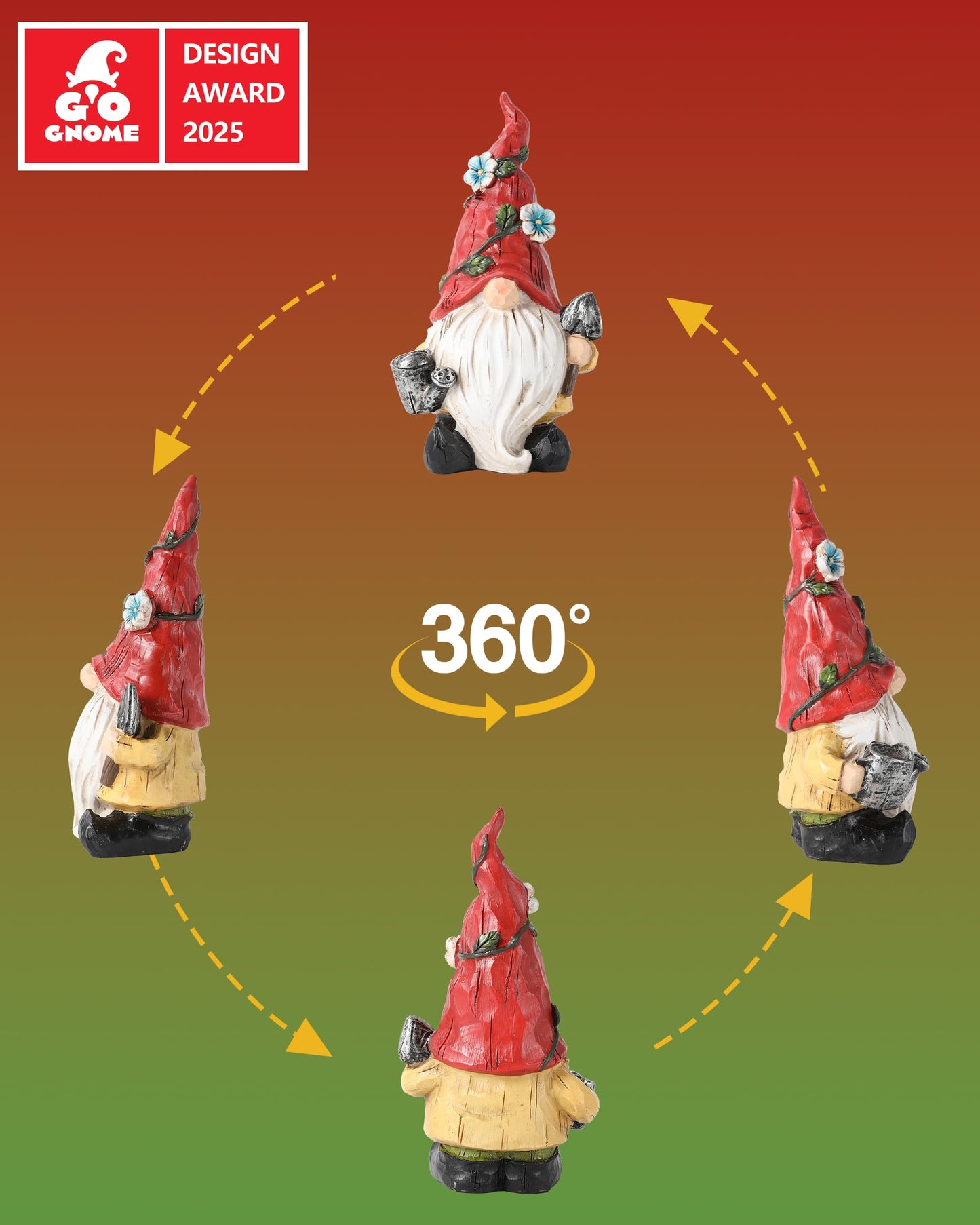 GoGnome Hand-Painted Resin Garden Gnome with Watering can and Shovel Figurine - 9.1" Summer and Spring Decorations for Home and Yard - Ideal Gnome Gifts for Women (Red)
