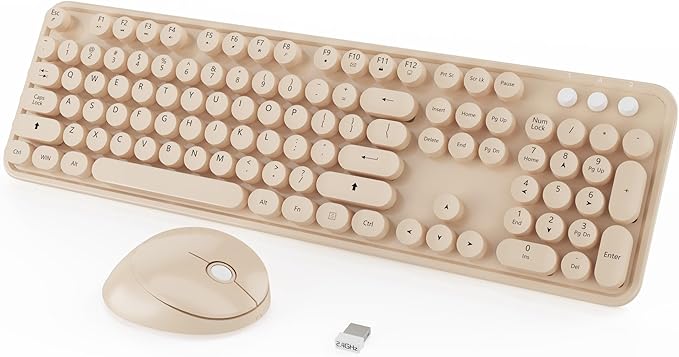 Wireless Keyboard,KOOTOP Cute Colorful 104 Keys Typewriter Retro Round Keycaps Keyboard for PC Laptop,Desktop,Windows, Home and Office Keyboards, s500 coffee