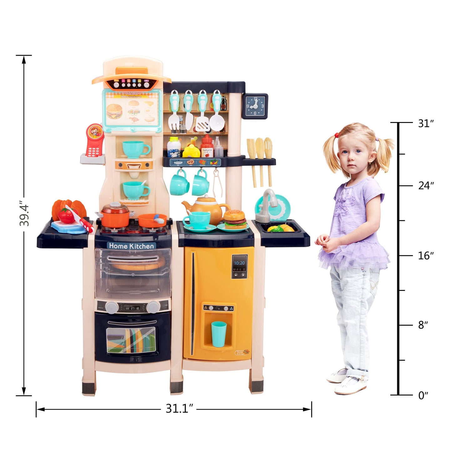 SANDINRAYLI Play Kitchen, Kids Kitchen Playset for Kids Ages 4-8, Toy Kitchen with Spray Stove, Oven, Sink, Dishwasher, Pretend Kitchen Set for Toddlers 3-5 with Real Sounds and Light, Blue