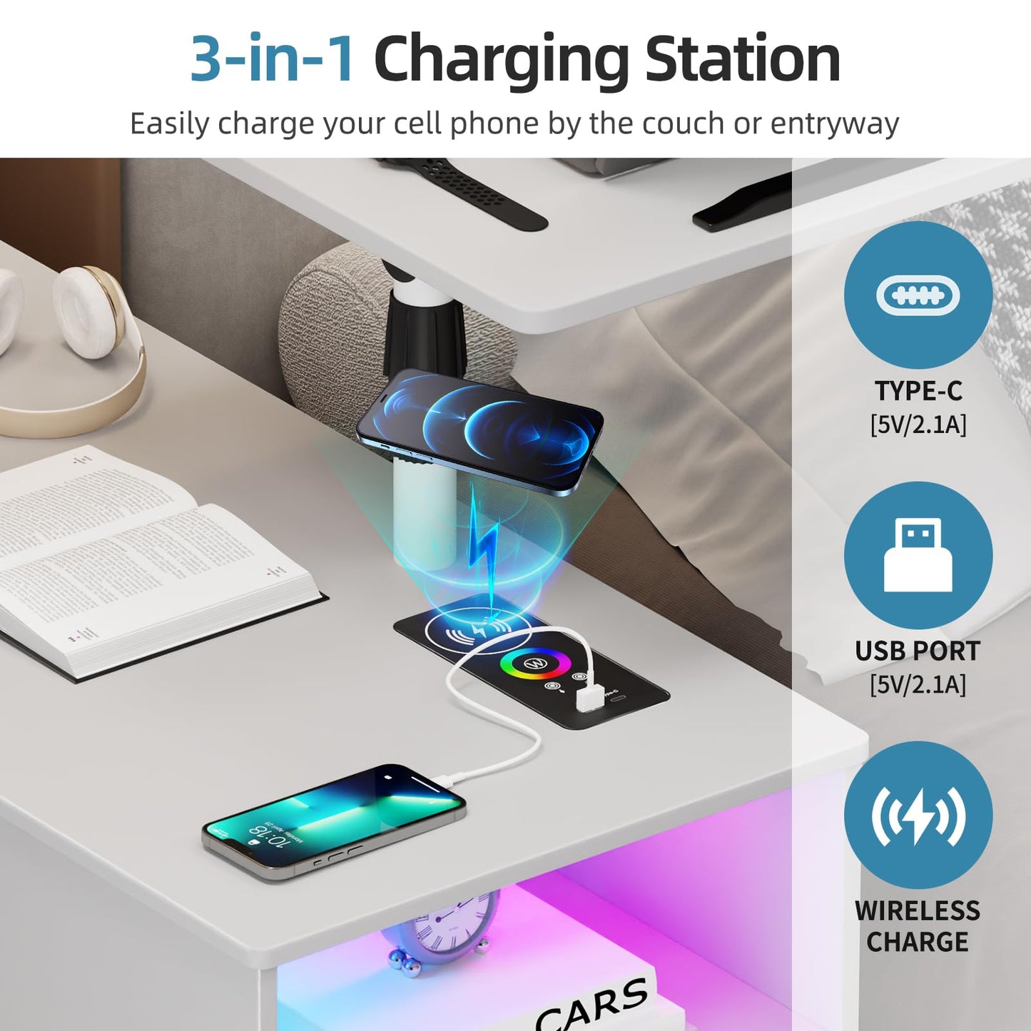 Gurexl 360° LED Nightstand with Wireless Charging Station, Movable Adjustable Bedside Table with Laptop Tray, Auto Sensor Night Stand with 24 Color Dimmable