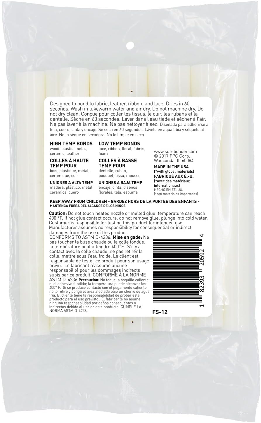 Surebonder Fabric Hot Glue Sticks, Full Size, 4-Inch, Machine Washable Adhesive for Denim, Felt, Leather, and More – Strong, Flexible Bond, 12 Pack, White