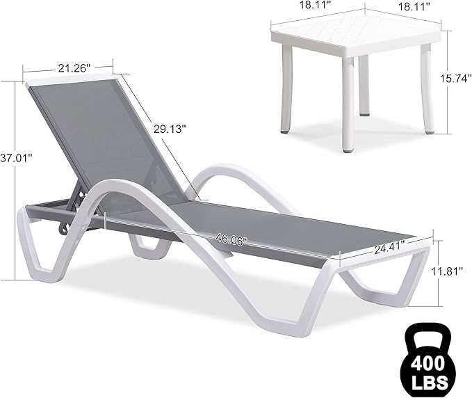 PURPLE LEAF Patio Chaise Lounge Chair Set of 3 Outside Aluminum Plastic Stackable Tanning Chairs with Armrests and Side Table for Pool Sunbathing Beach Deck Outdoor Lounger, Grey