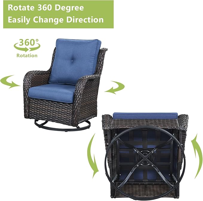 Rilyson Wicker Patio Furniture Set - 7 Piece Rattan Outdoor Sectional Conversation Sets with 4 Swivel Rocking Chairs,2 Ottomans and 1 Sofa for Porch Deck Garden(Brown/Blue)