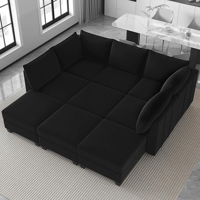 Belffin Modular Sectional Sofa Bed with Storage, 9-Seater Velvet Reversible Sleeper Couch for Living Room, Black
