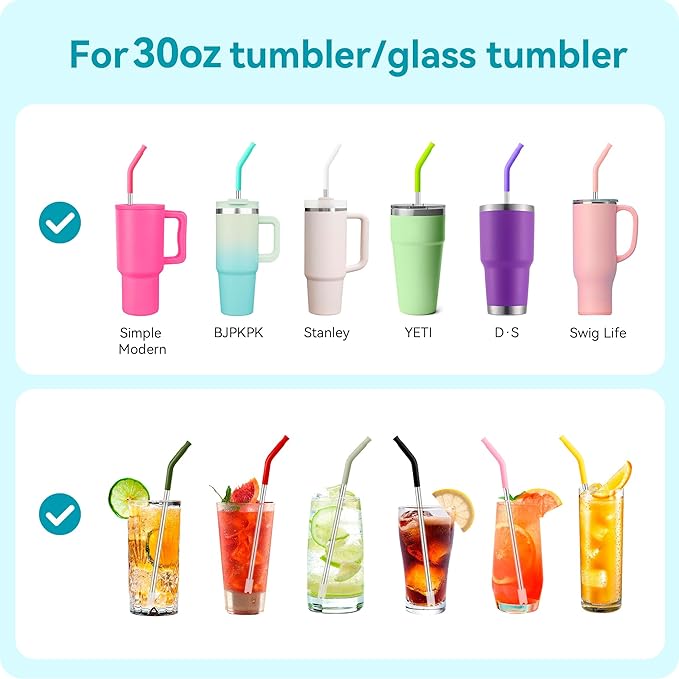 2 PCS 30oz Reusable Straws for 30oz Stanley Cup & 24oz Tumblers, Stainless Steel Drinking Straw with Anti-Clank Silicone Bottom, Fits Most Medium-Size Mugs