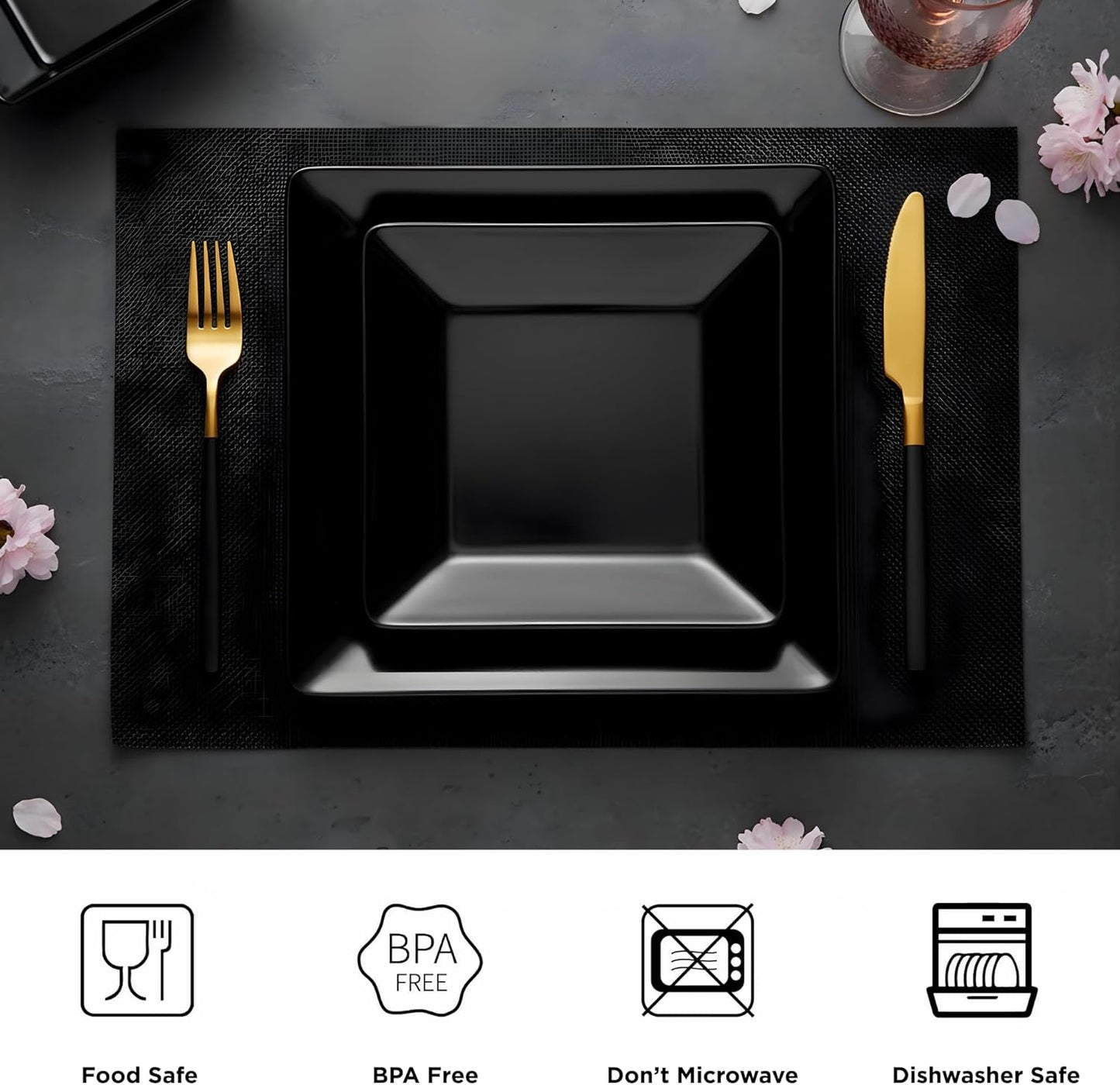 TP 12-Piece Dinnerware Set, Melamine Dishes Set with Bowls and Plates, Non-breakable and Lightweight Square Dinner Set for 4, Black