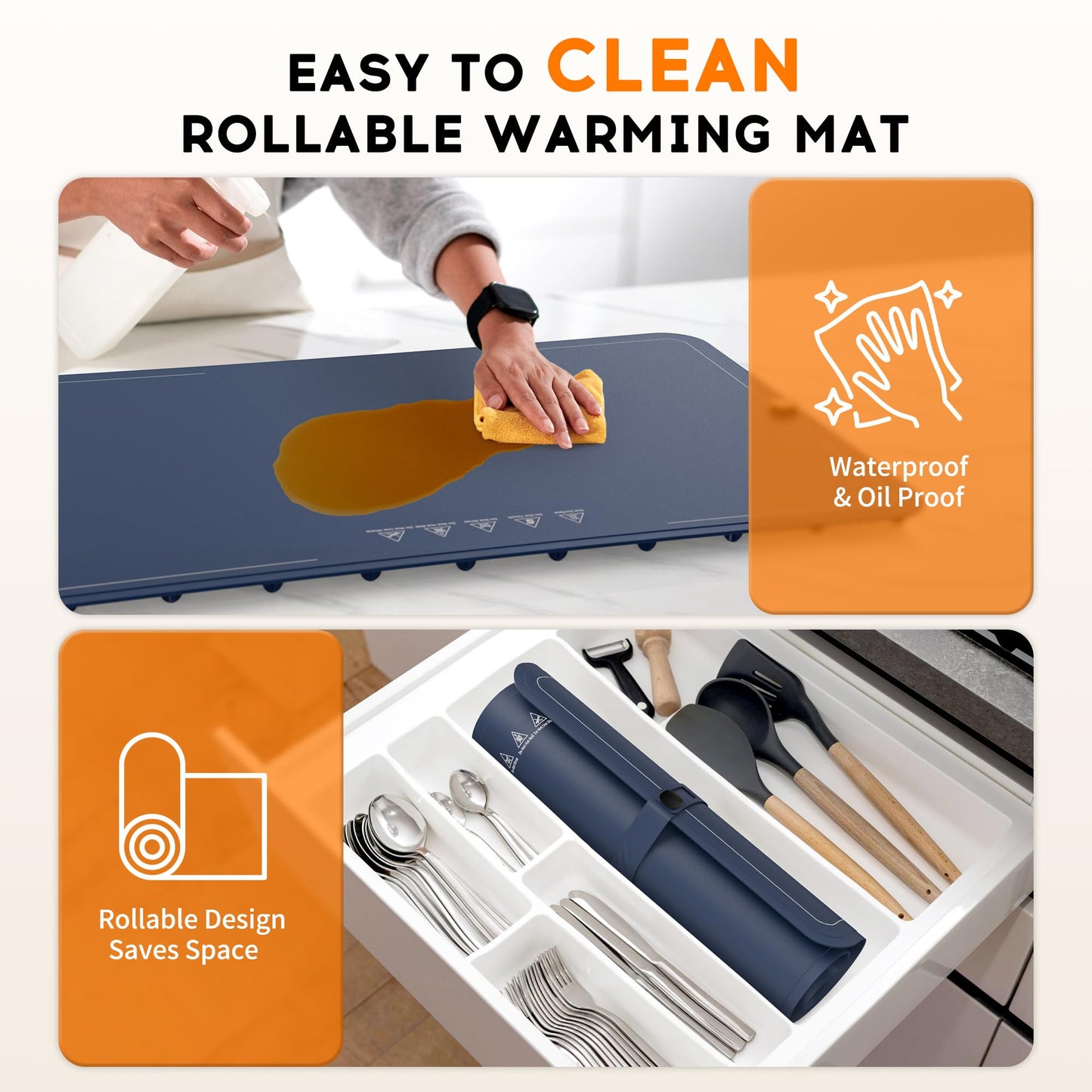 VTAR Rollable Electric Food Warming Mat | 3-Temp Buffet Tray Warmer for Parties | Even Heating, Portable Silicone Design, Auto Shut Off & Child Lock- Blue