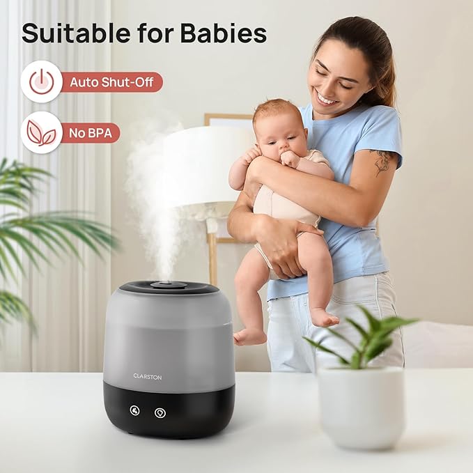 Clarston Humidifiers for Bedroom, 2L Top Fill with 360° Nozzle for Large Room, 7-Color Night Light, 24dB Quiet Cool Mist Air Humidifier for Baby Nursery & Plants, No BPA, Auto Shut Off, Easy to Clean