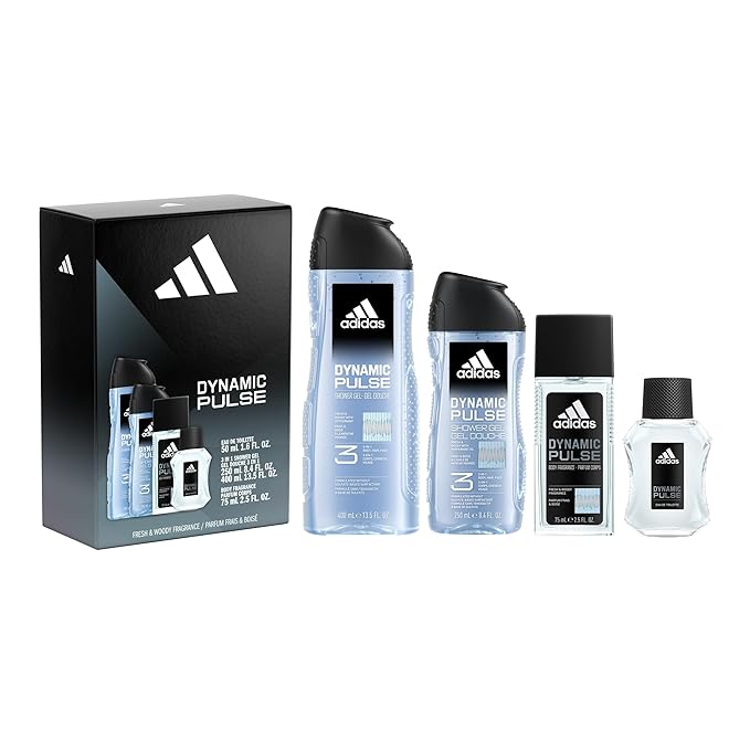 adidas Dynamic Pulse Aftershave Giftset - 1.6 fl oz EDT + 2.5 fl oz + 8.4 fl oz + 13.5 fl oz Shower Gel, Notes of Mint, Apple, and Wood, Men's Fragrance, Long Lasting, Sporty