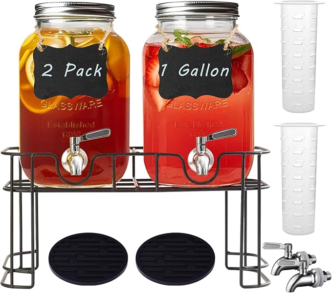 Ltzmcmy 1 Gallon Glass Drink Dispensers for Parties,2 Pack Beverage Dispenser with Stand and Stainless Steel Spigot,Glass ...