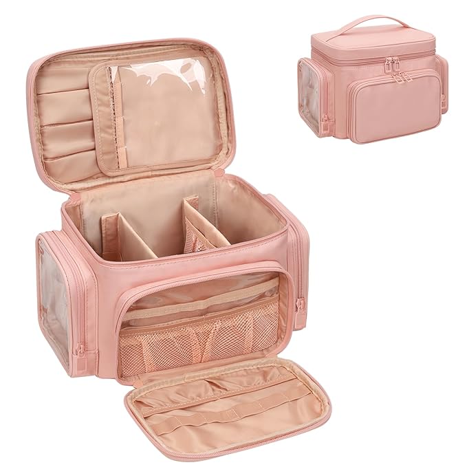 Large Makeup Bag, Portable Travel Makeup Bag Organizer for Women Girls with Makeup Brush Compartment & Two Side Pockets, Cosmetic Travel Bag Vertical Storage Toiletry - Pink