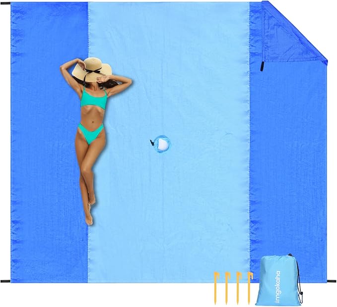 imgokaha Beach Blanket with Umbrella Hole, Large Beach Blanket Waterproof Sandproof, Comfortable Nylon Beach Mat Lightweig...