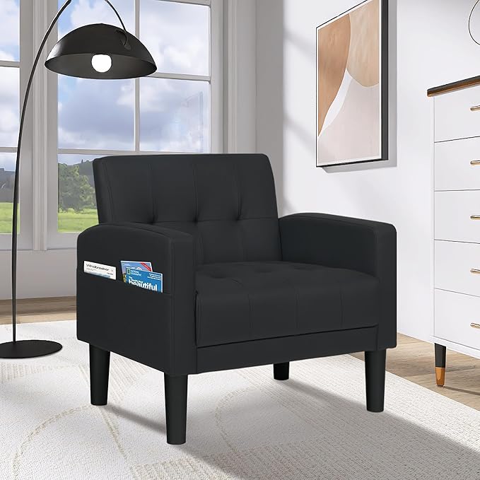 TYBOATLE Accent Chair, Living Room Chairs, Cozy Tufted Mid Century Modern Black Accent Chairs with Arms for Bedroom, Comfy Reading Arm Chair,Small Chairs for Small Spaces,Living Room,Office (1, Black)